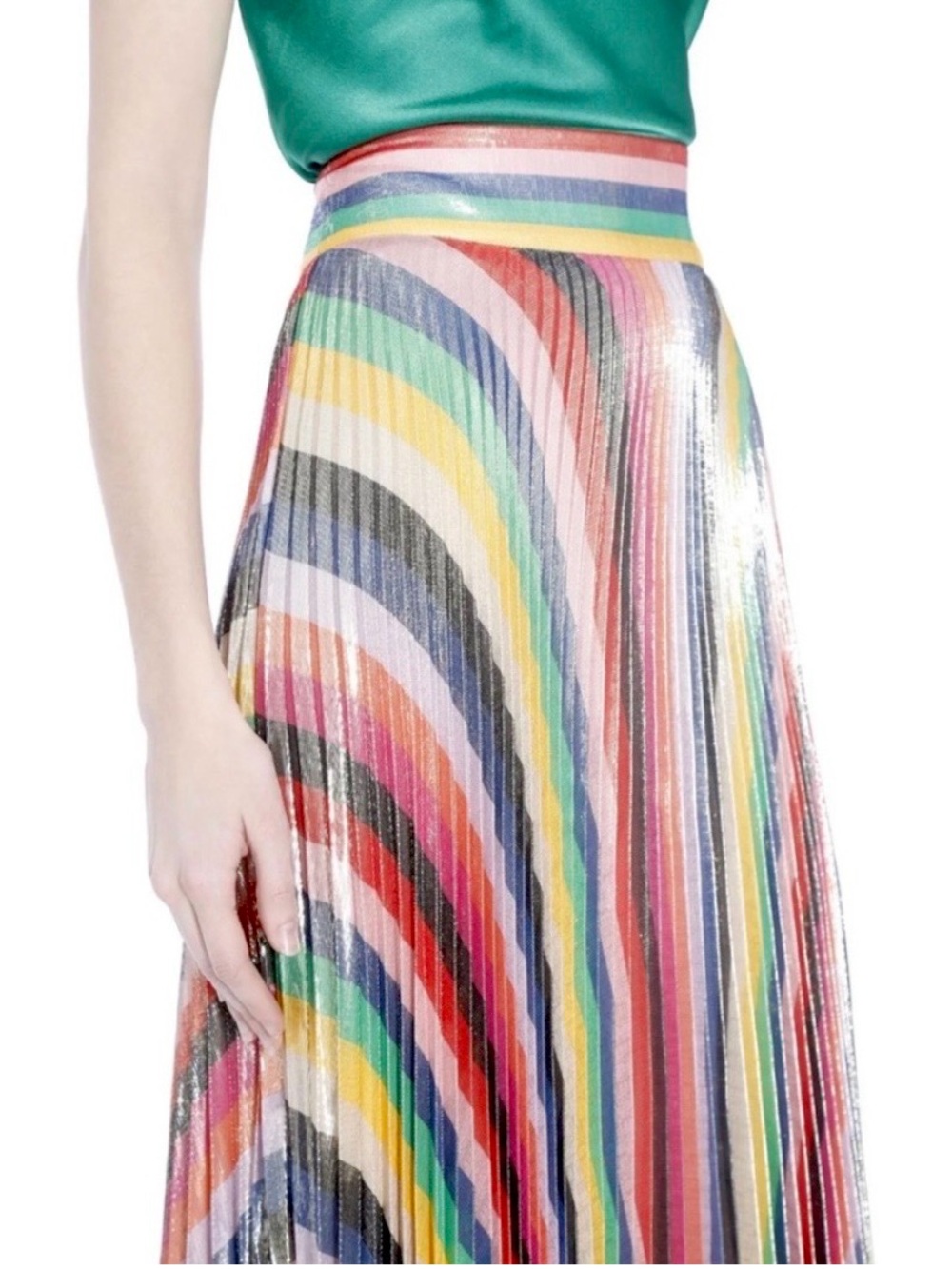 Alice + Olivia Katz Sunburst Pleated Metallic Stripe Midi Skirt - Picture 7 of 16